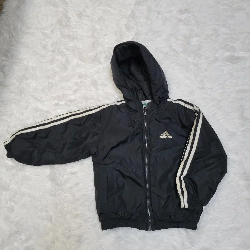 Adidas Black Hooded Quilted 3 Stripe Puffer Jacket Boys - Small (Size 4)